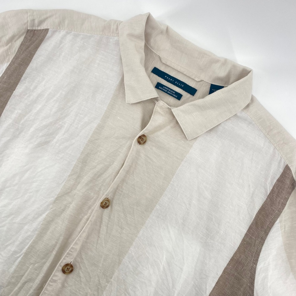 Perry Ellis Button Up Shirt Mens Large Beige Linen Blend Colorblock Casual Top